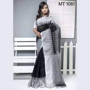 টাঙ্গাইল তাঁতের হাফ সিল্ক টেম্পল পাড় শাড়ী ব্লাউজ পিছ সহ (MT-1061)