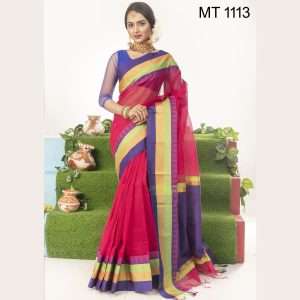 টাঙ্গাইল তাঁতের হাফ সিল্ক টেম্পল পাড় শাড়ী ব্লাউজ পিছ সহ (MT-1113)