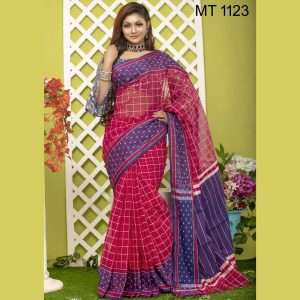 টাঙ্গাইল তাঁতের হাফ সিল্ক বুটি পাড় চেক শাড়ী ব্লাউজ পিছ সহ (MT-1123)