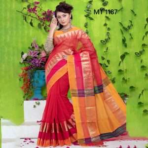 টাঙ্গাইল তাঁতের হাফ সিল্ক বড় টেম্পল পাড় শাড়ী ব্লাউজ পিছ সহ (MT-1187)