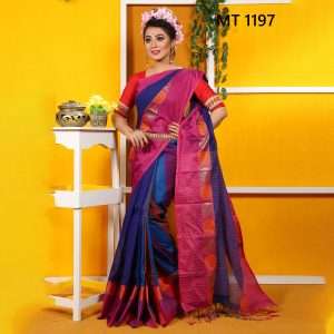 টাঙ্গাইল তাঁতের হাফ সিল্ক টেম্পল পাড় শাড়ী ব্লাউজ পিছ সহ (MT-1197)