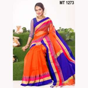 টাঙ্গাইল তাঁতের হাফ সিল্ক টেম্পল পাড় শাড়ী ব্লাউজ পিছ সহ (MT-1273)