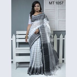 টাঙ্গাইল তাঁতের হাফ সিল্ক বুটি পাড় চেক শাড়ী ব্লাউজ পিছ সহ (MT-1057)