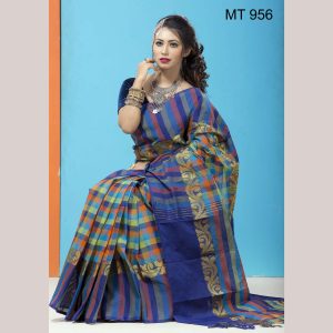 টাঙ্গাইল তাঁতের হাফ সিল্ক লতা পাড় চেক শাড়ী ব্লাউজ পিছ সহ (MT-956)